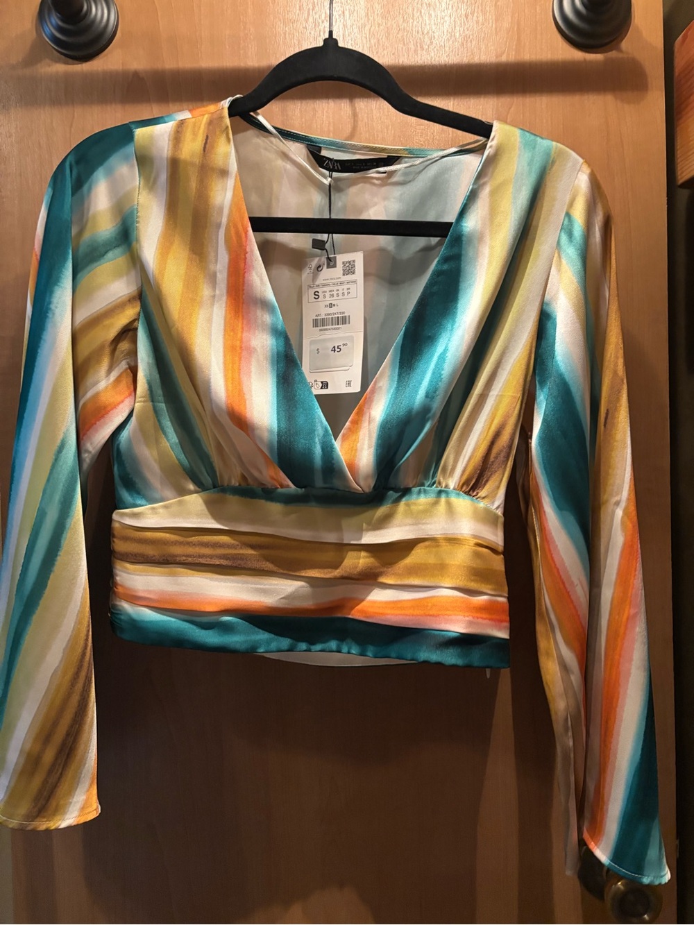 Zara Teal, Yellow & Orange Striped Satin Wrap Crop Top